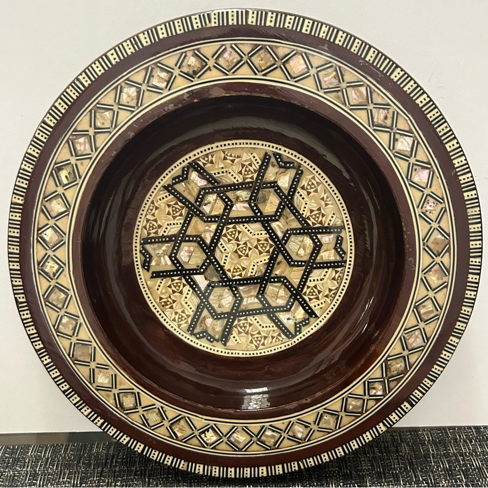 Vintage Plate Mother of Pearl Shell Egyptian Wood Inlay Decorative Handcrafted